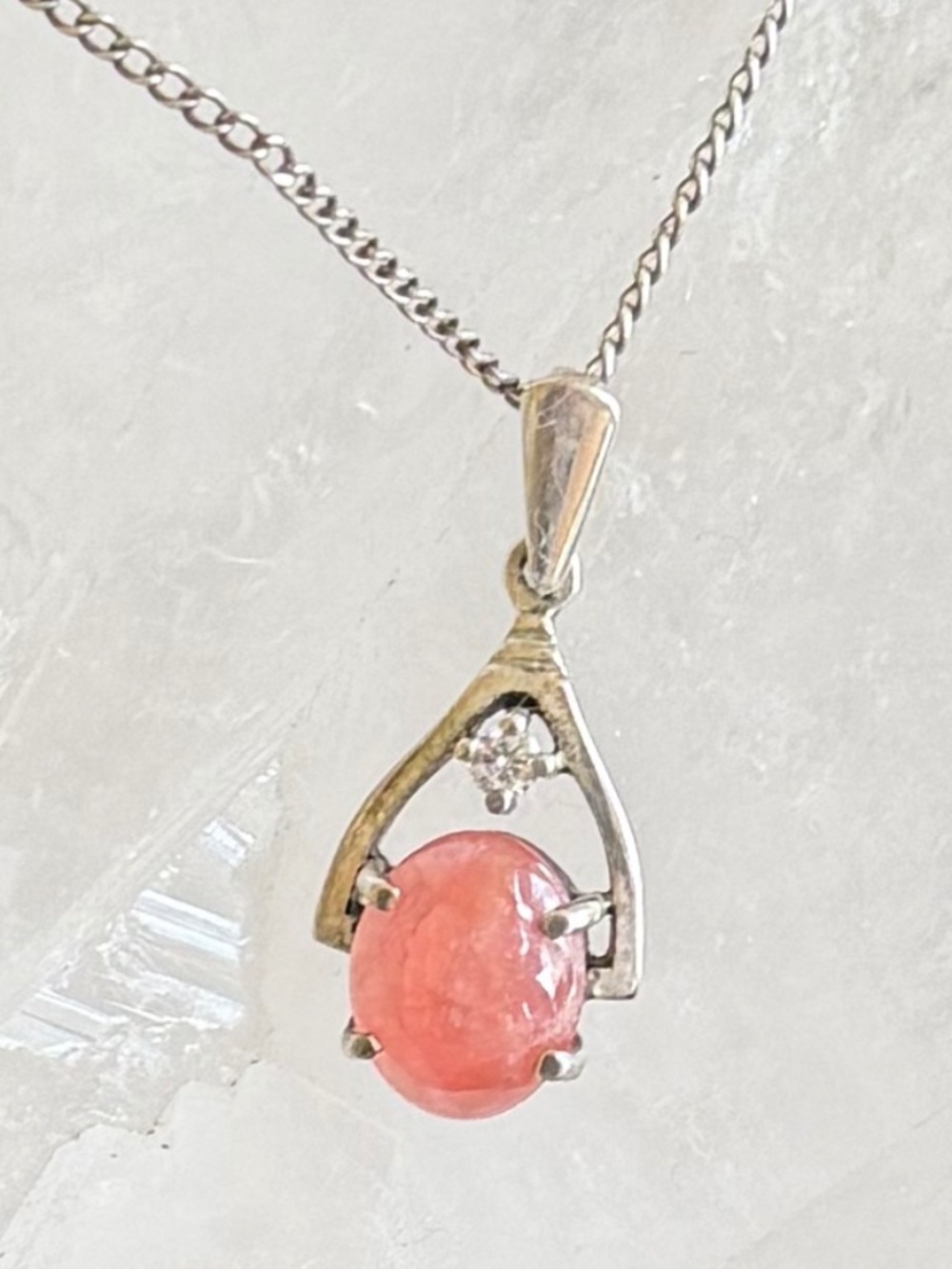 Sterling silver pendant Pink Rhodochrosite gemstone accented with a diamond